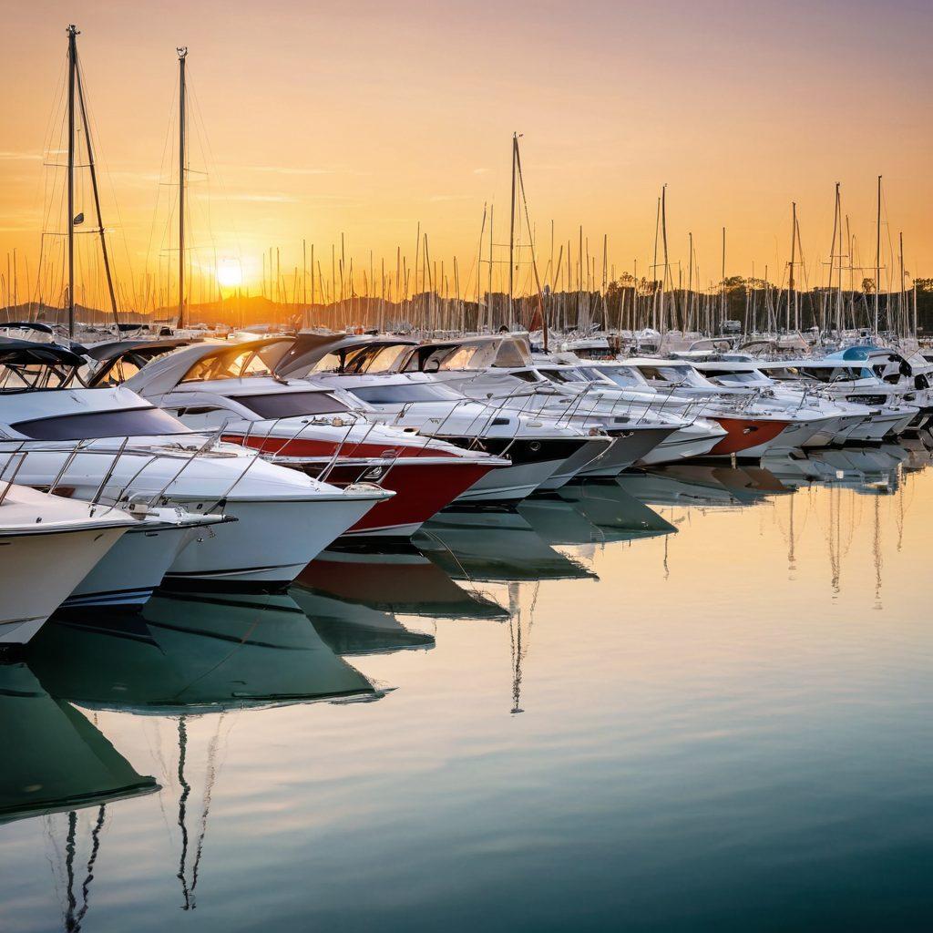 A serene marina at sunrise with various boats docked, showcasing a diverse range of vessels. In the foreground, a friendly insurance agent discusses coverage options with a boat owner, while nearby, a visual infographic highlights key benefits of boat insurance. Soft reflections in the water and warm colors convey a sense of safety and guidance. super-realistic. vibrant colors. peaceful ambiance.