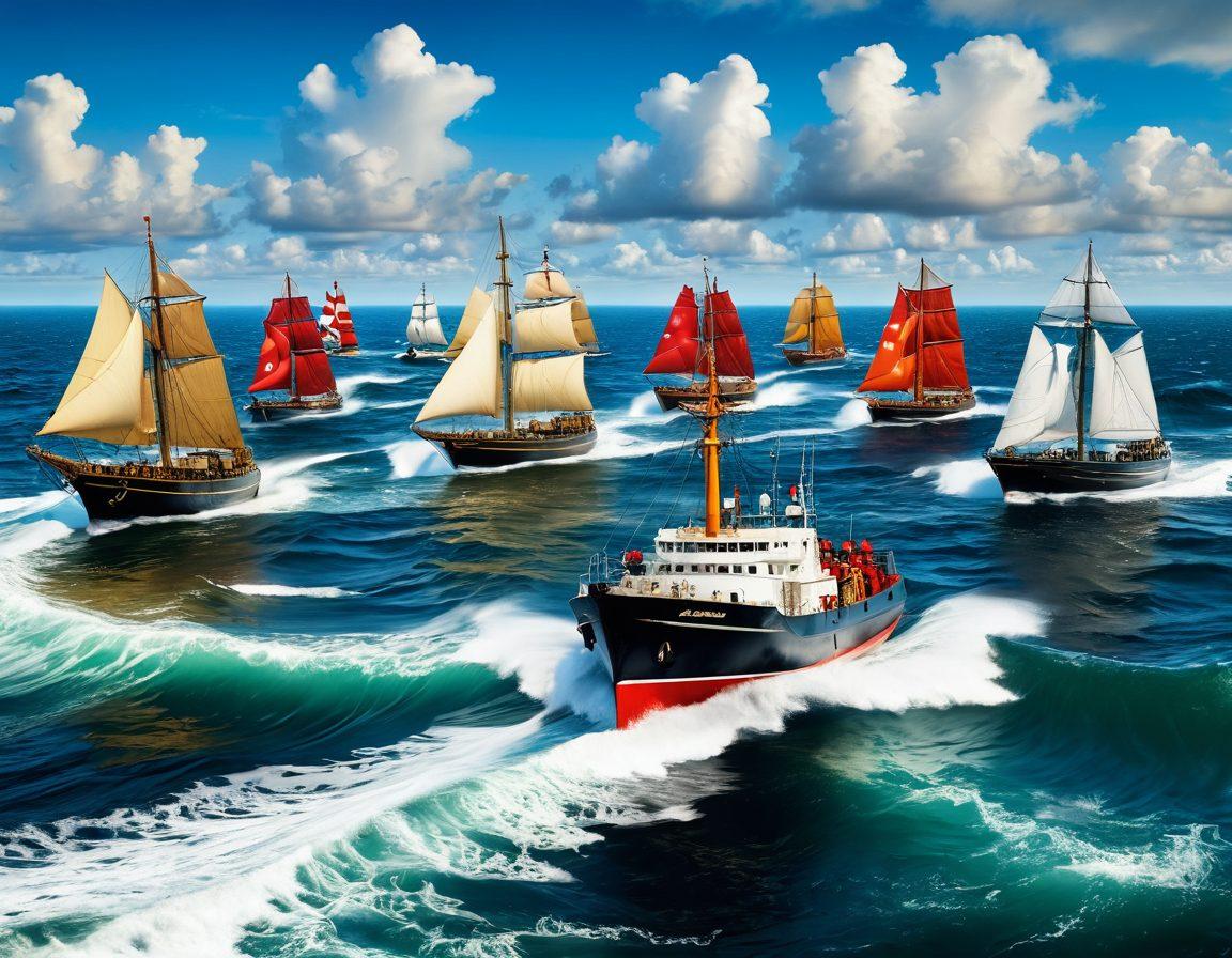 A dynamic scene showcasing a diverse fleet of vessels sailing through turbulent waves, each displaying unique marine insurance symbols. The foreground features a steadfast anchor symbolizing security amidst the waves, while a bright sky in the background gives a sense of hope and adventure. Incorporate elements like nautical charts and safety gear to emphasize the theme of protection. vibrant colors. super-realistic.