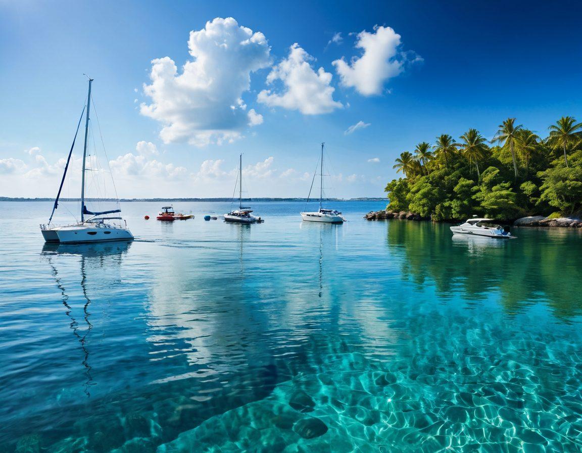 A serene waterscape showcasing various watercrafts, such as a luxury yacht, a jet ski, and a sailboat, all intact and floating safely on calm blue waters. Include elements like summer sunshine reflecting off the water and happy families enjoying their time on the boats. Add visual icons of protection, like shields or umbrellas, subtly integrated into the scene. vibrant colors. super-realistic.